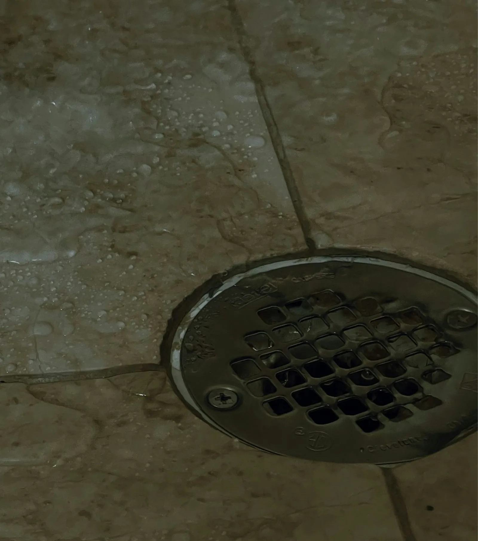 Floor drain in a tiled bathroom