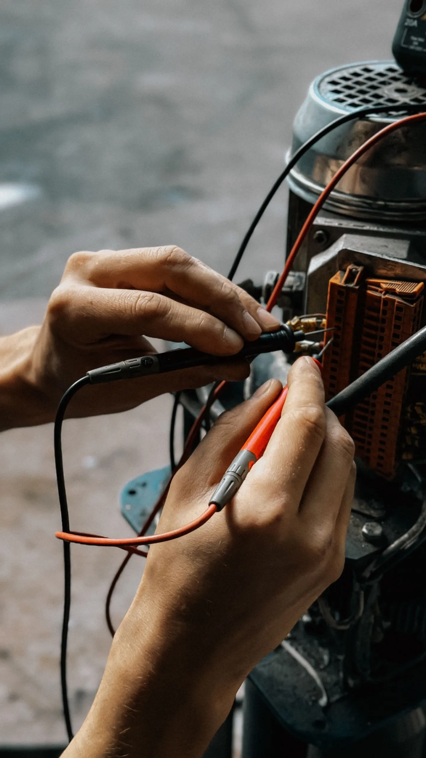 Technician testing motor wiring with a multimeter