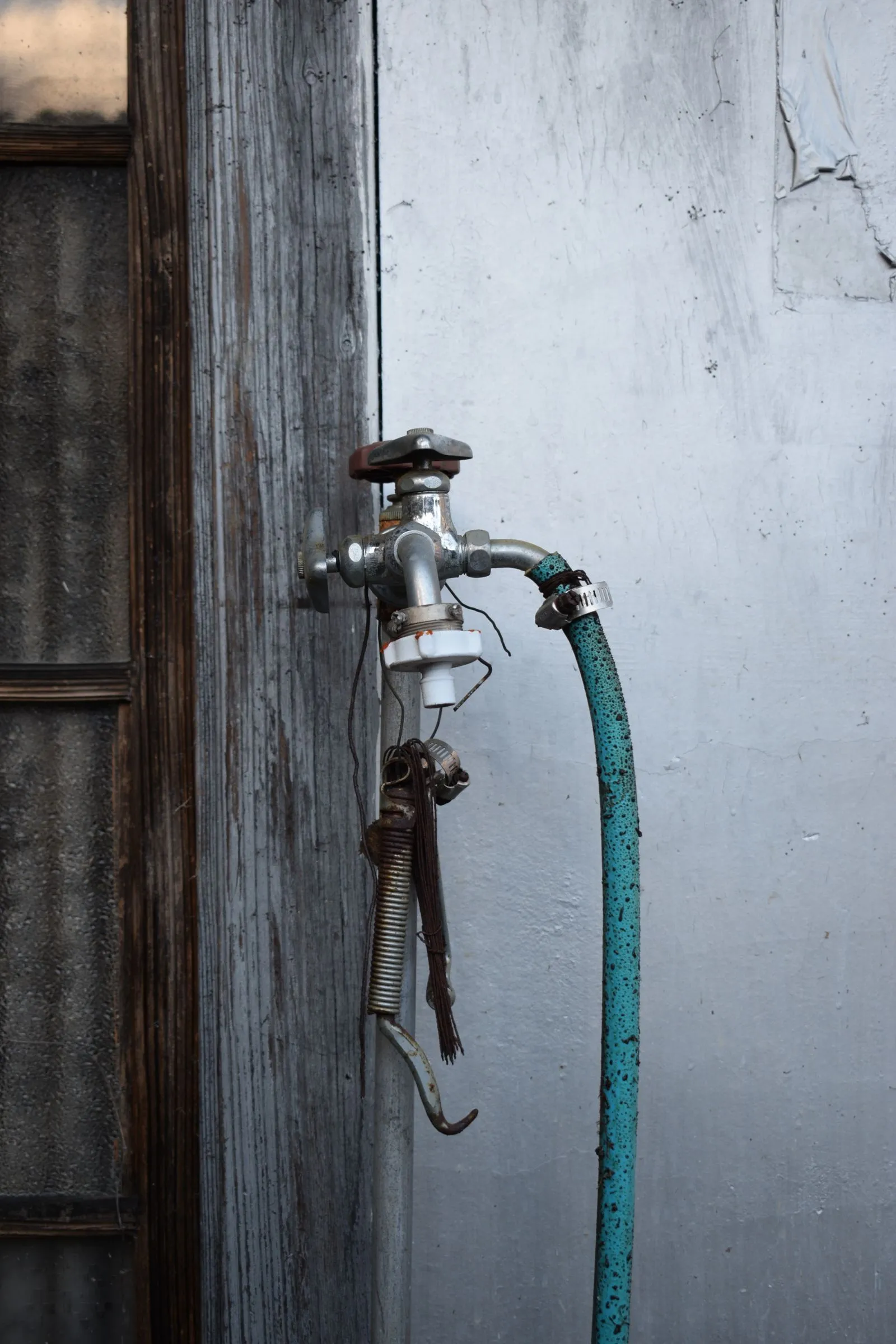 Outdoor spigot with a garden hose attached