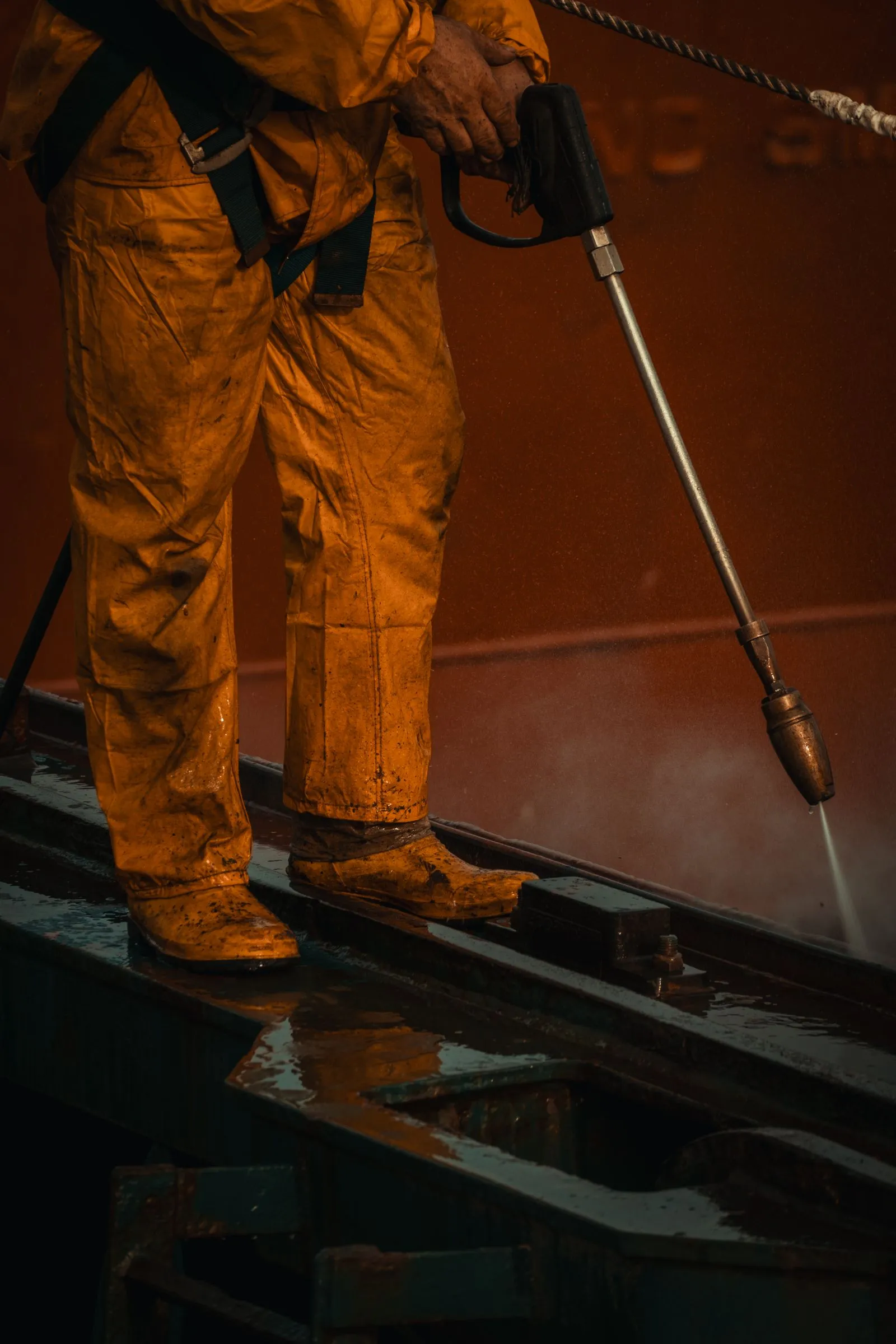 Worker pressure washing industrial equipment