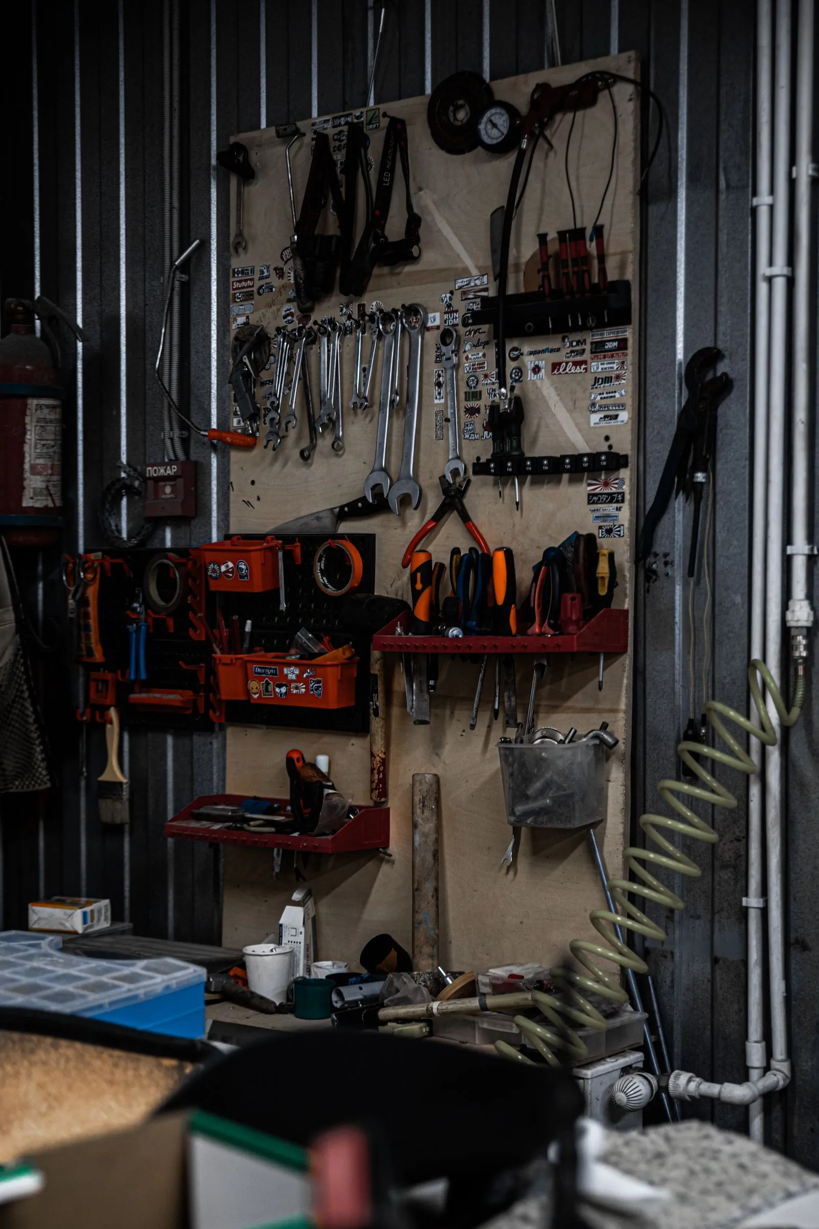 Organized shop wall with hand tools